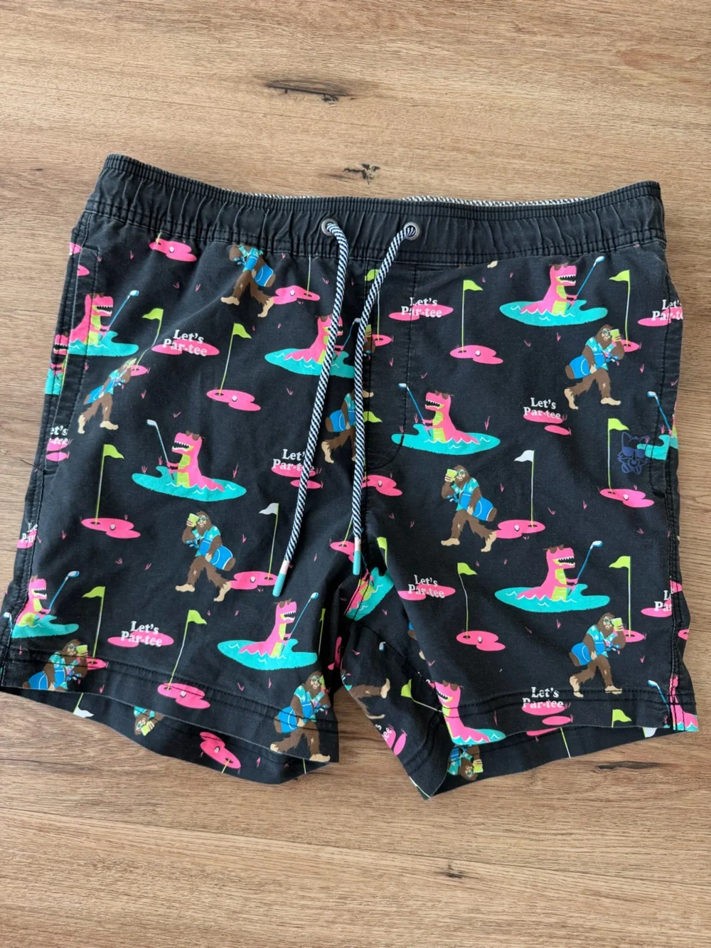 Black Swim Shorts with Pink & Teal Novelty Print